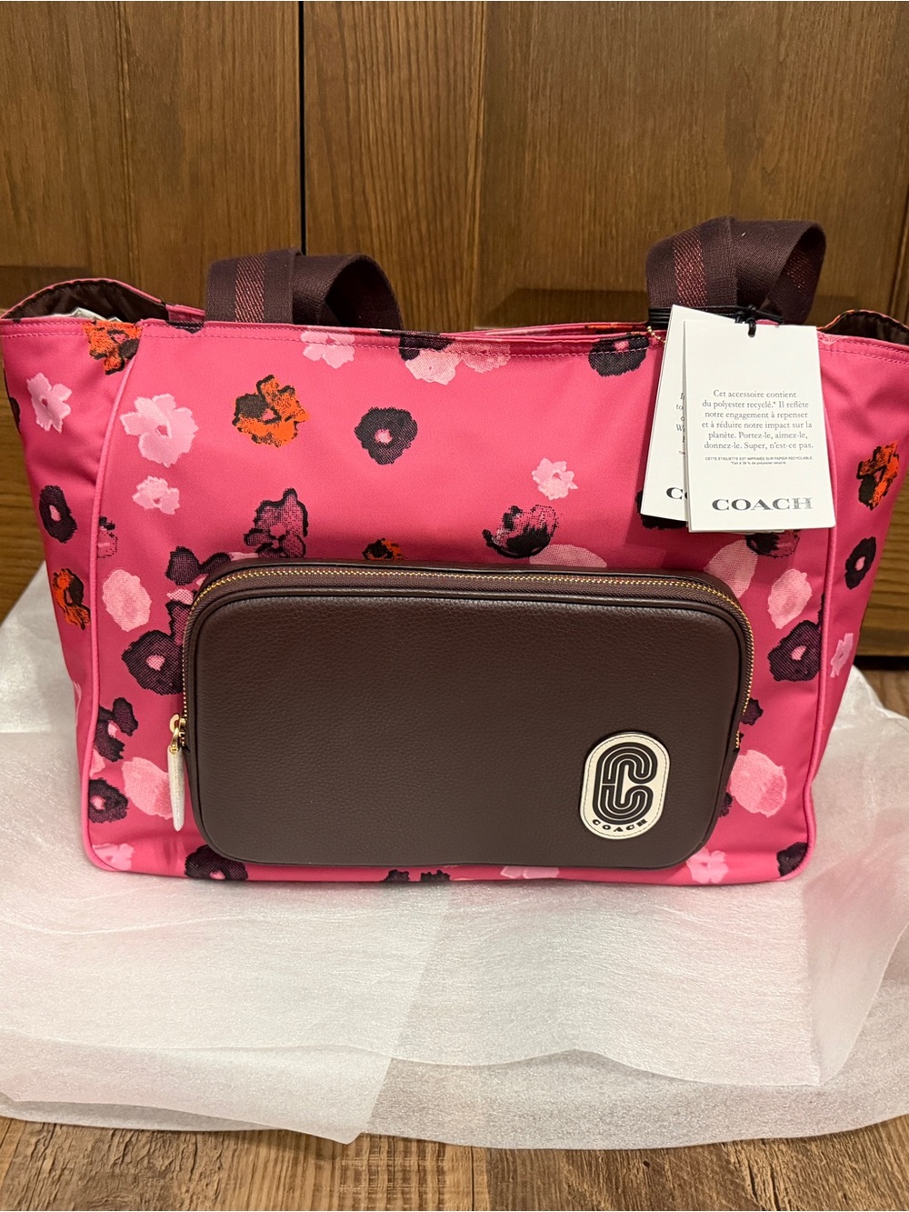 Coach Tote Halftone Floral print with Brown Front Pocket C5670